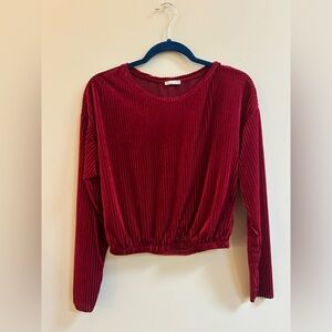 Zara Deep Red Ribbed Crushed Velvet Long Sleeve Top Shirt Blouse